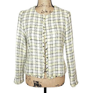 ZARA BASIC Womens Regular Plaid Tweed Fringe Jacket Blazer Size Medium Yellow